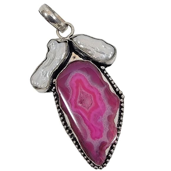 Handmade Sterling Silver Pendant Pink Agate and Lustrous Baroque Pearl Accents - Picture 1 of 10